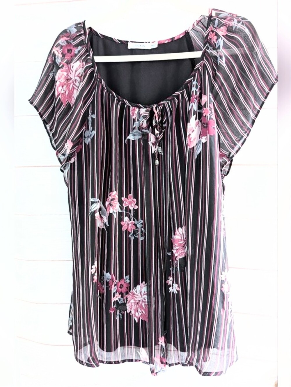 NWOT Ricki's Black Floral Stripe Blouse with Pink Accents Size XXL